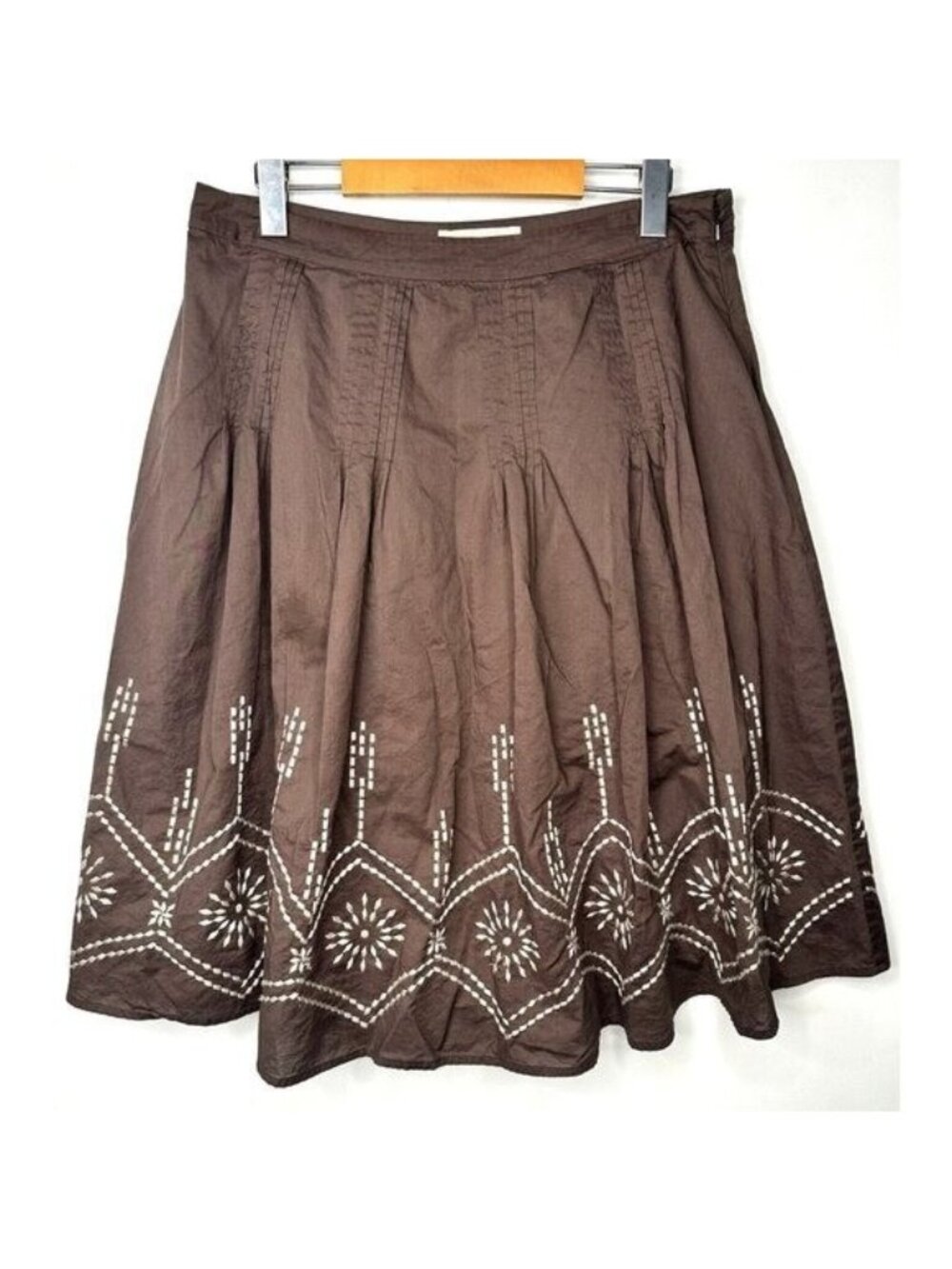 Michael Kors Boho Flare Skirt Womens 10 Brown Embroidered Pleated Cotton - Picture 1 of 9